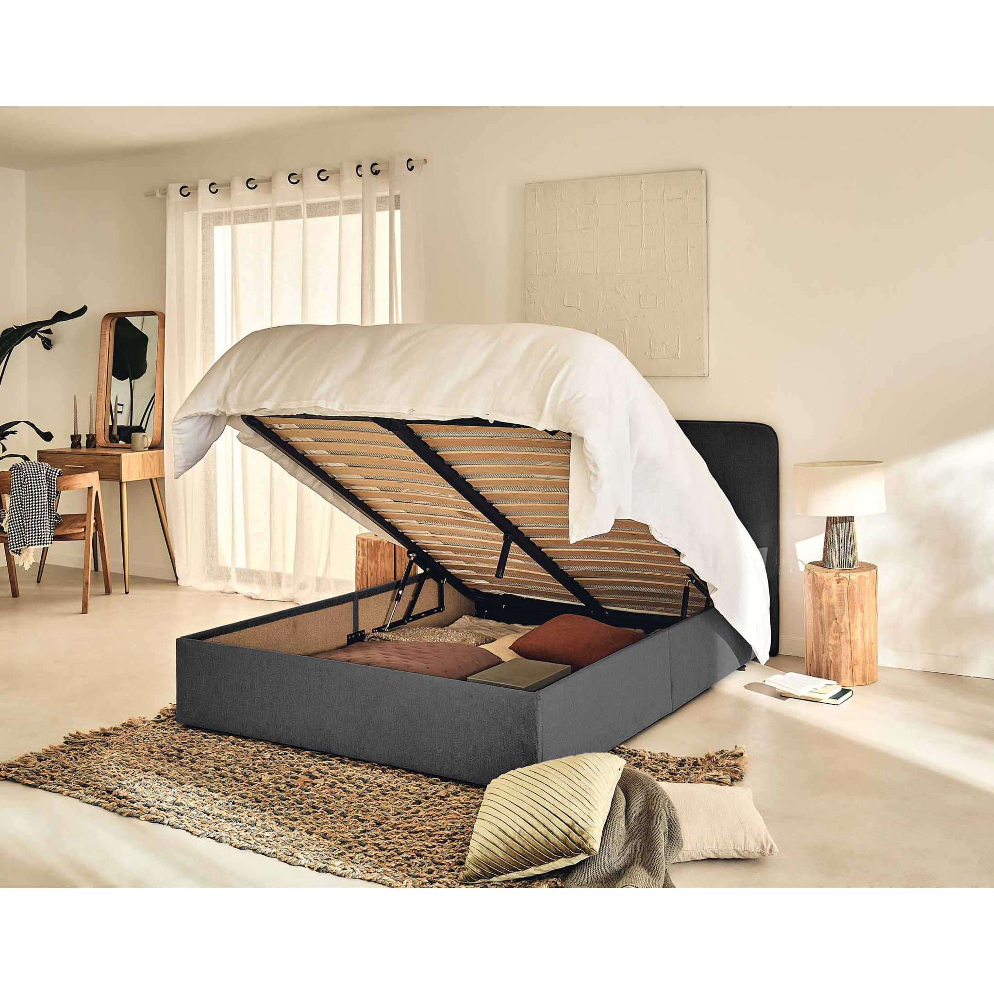 Goyave - lit coffre - 140x190 - en tissu - sommier inclus - Gris Anthracite