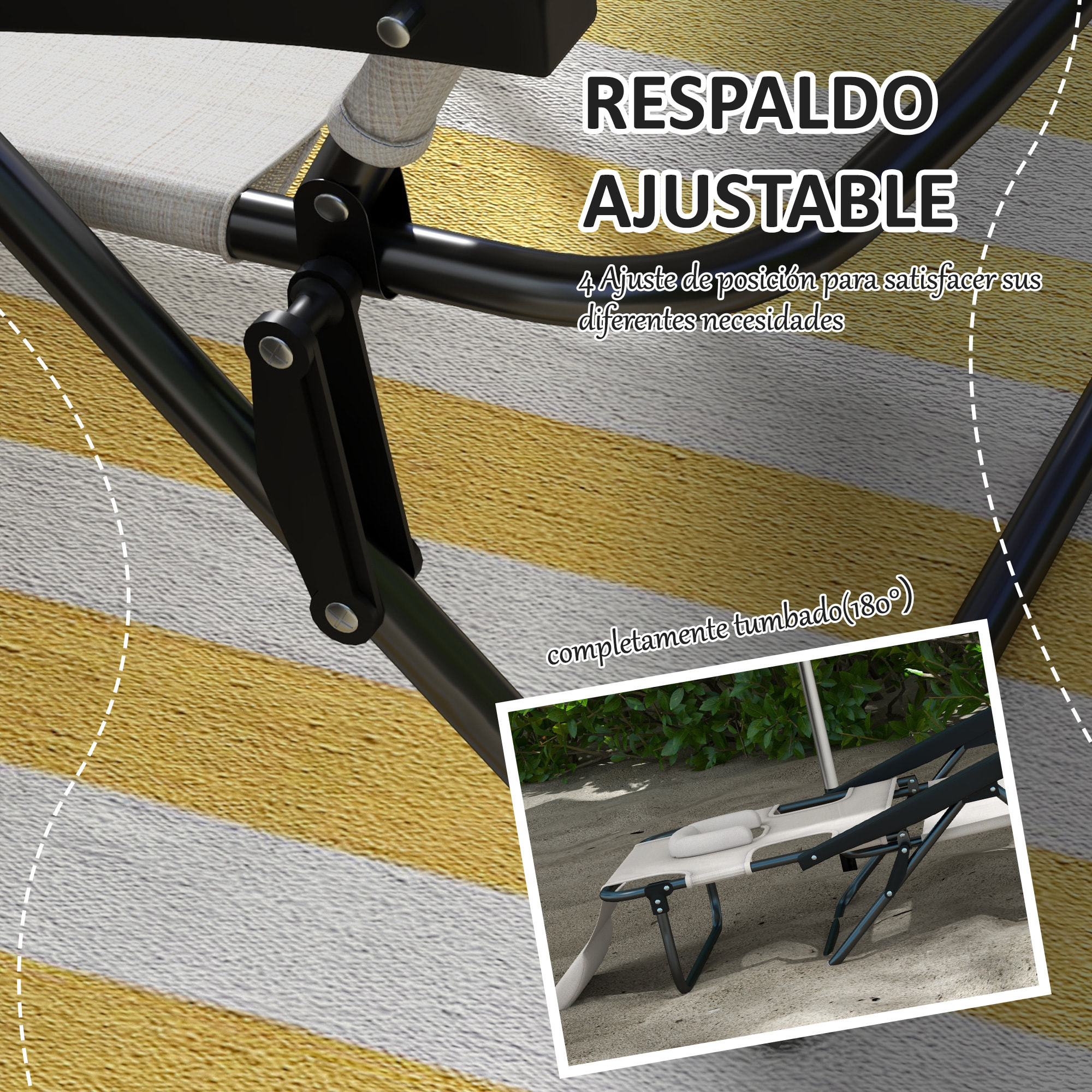 Outsunny Tumbona Plegable Tumbona de Jardín con Respaldo Ajustable en 4 Niveles Orificio de Lectura y Reposacabezas para Terraza Piscina 194x72x31 cm Crema