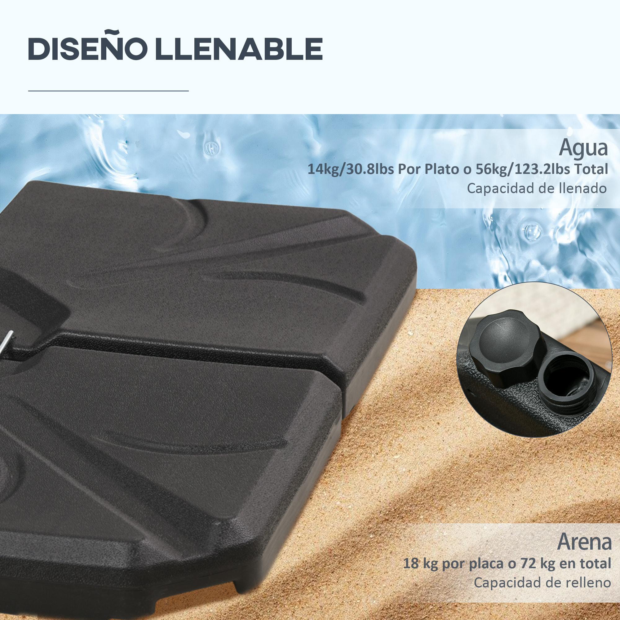Base para Sombrilla de 4 Piezas Soporte para Parasol Rellenable con Arena 72 kg o Agua 56 kg para Jardín Patio Terraza Negro