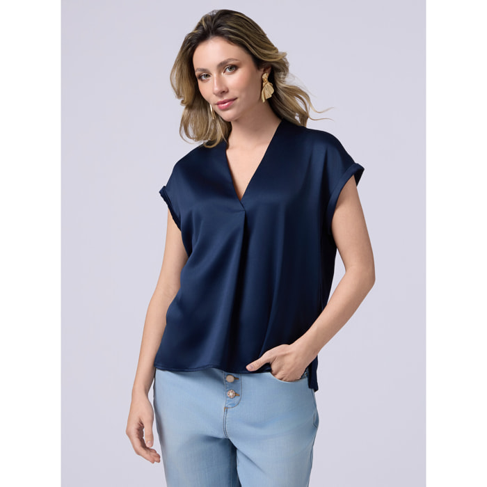 Oltre - Camiseta bimateria con escote de pico - Azul