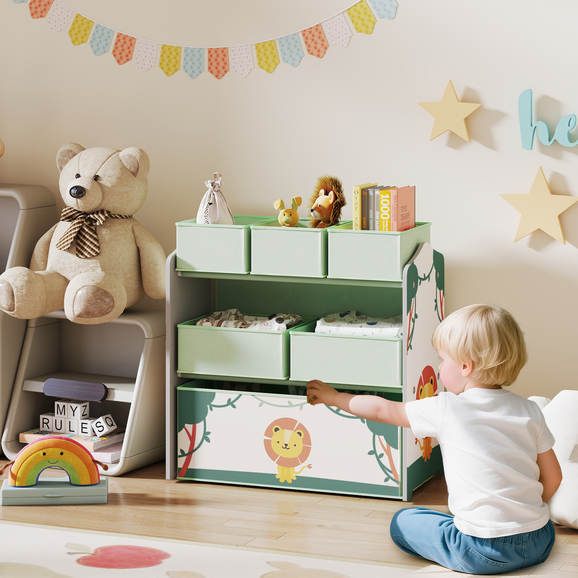 Étagère de rangement enfant design lion - 6 tiroirs en tissu - MDF - vert