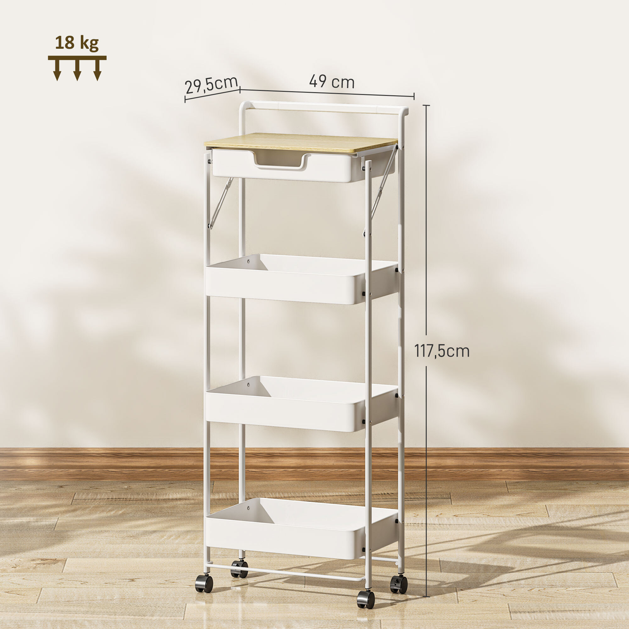 Carrito Auxiliar con Ruedas de 4 Niveles Carro de Cocina con 1 Cajón y 3 Cestas Carrito Organizador para Dormitorio Salón Oficina Blanco