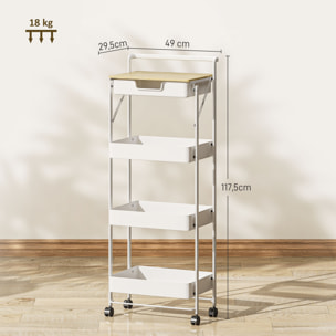 Carrito Auxiliar con Ruedas de 4 Niveles Carro de Cocina con 1 Cajón y 3 Cestas Carrito Organizador para Dormitorio Salón Oficina Blanco