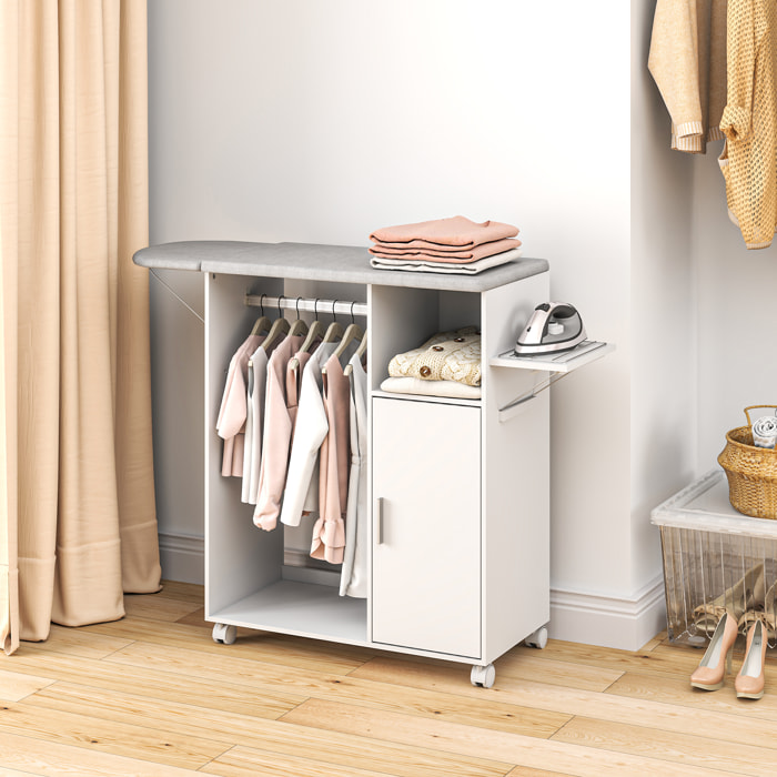 Armoire à repasser pliante sur roulettes avec étagère réglable et barre de suspension – 127 x 42,5 x 99 cm – Blanc