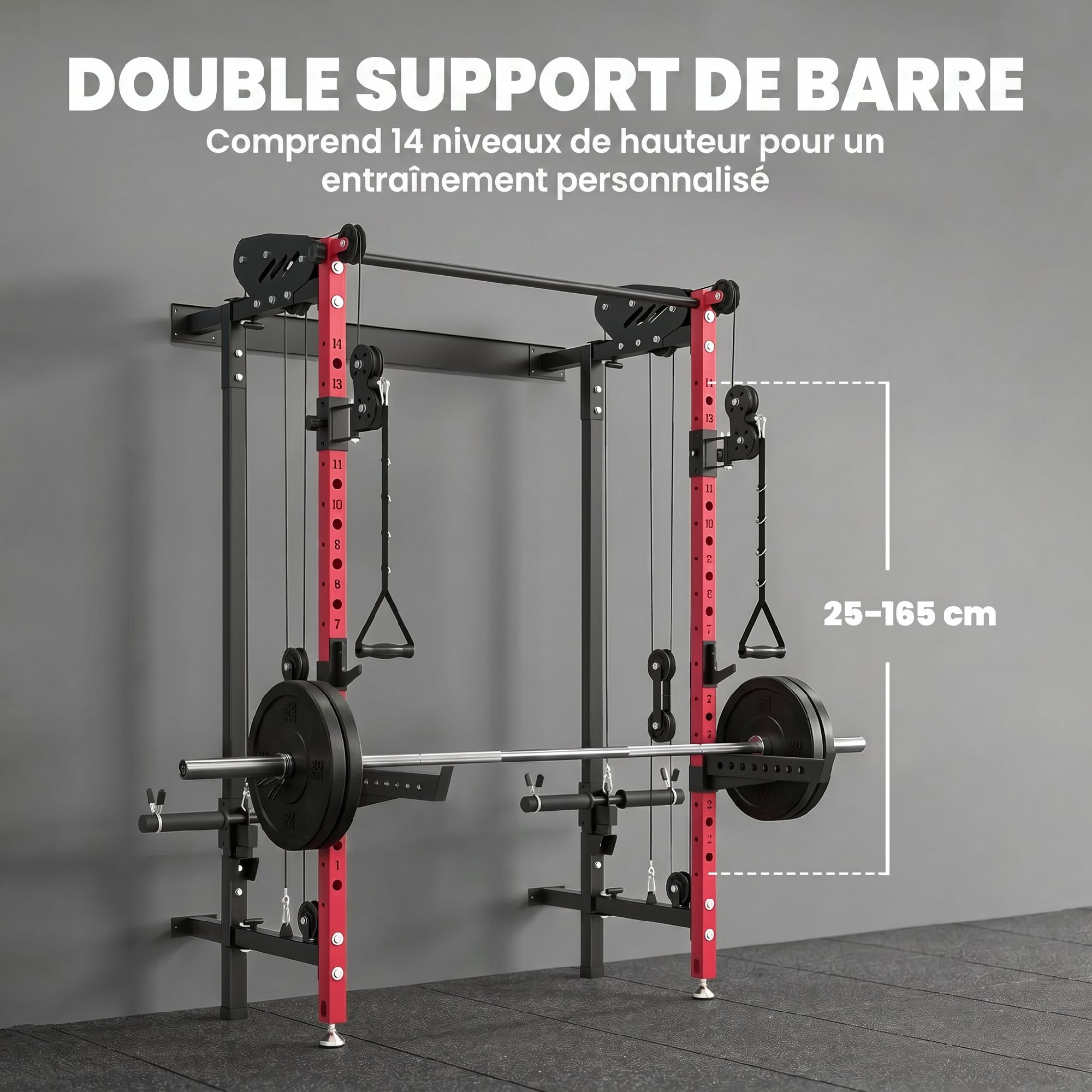 Station de musculation pliable - power rack  700kg double poulie réglable 14 niv. acier rouge noir