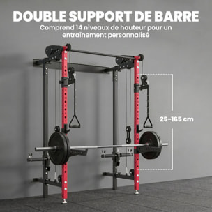 Station de musculation pliable - power rack  700kg double poulie réglable 14 niv. acier rouge noir