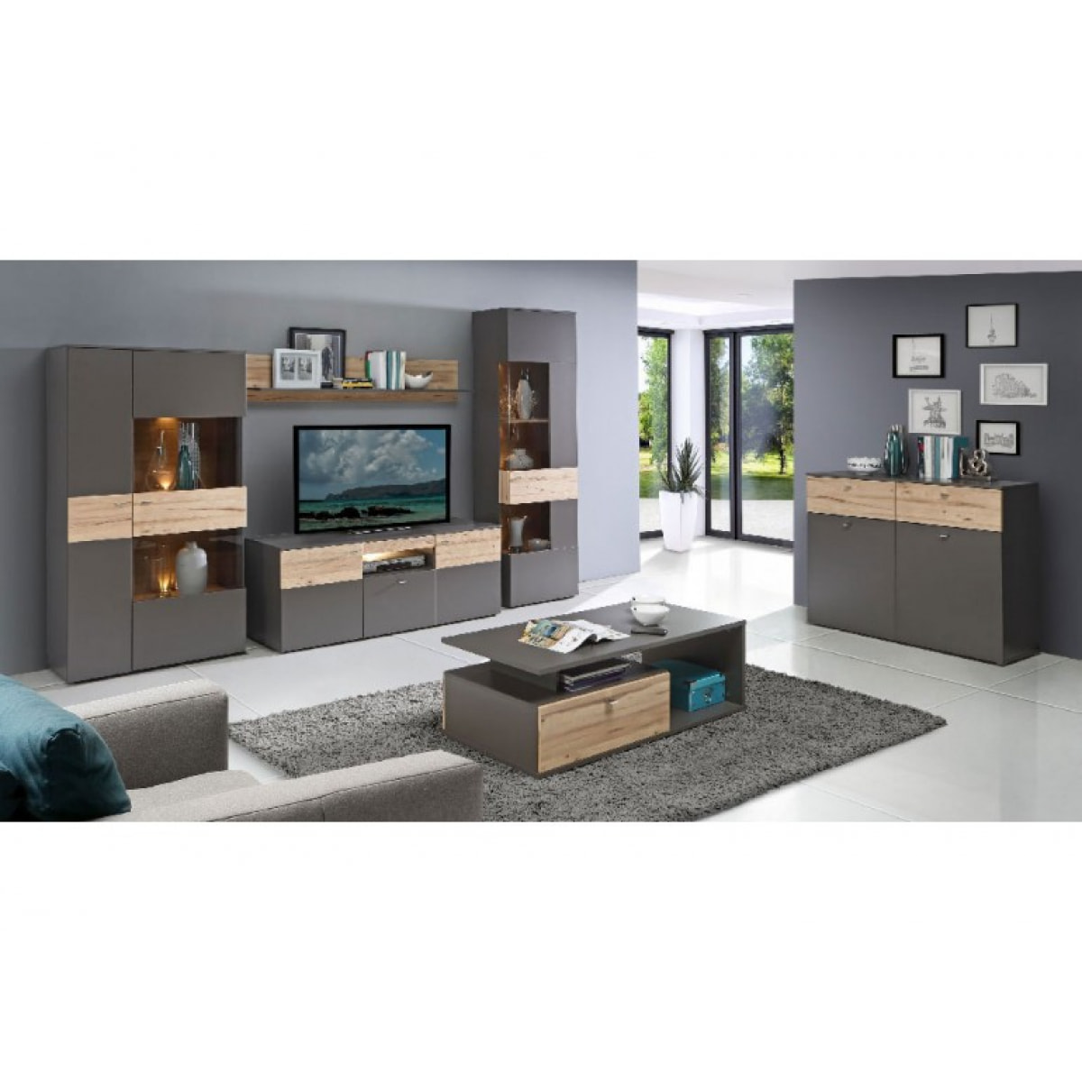 Colonne vitrée 1 porte grise & chêne naturel - ouverture à droite - TONY