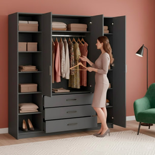 Armadio Con 4 Ante E 3 Cassetti Armadietto Multiuso Barra Appendiabiti E 8 Ripiani Di Cui 6 Regolabili Extra Capiente 195,5x49,6x200,4 Cm Grigio Scuro