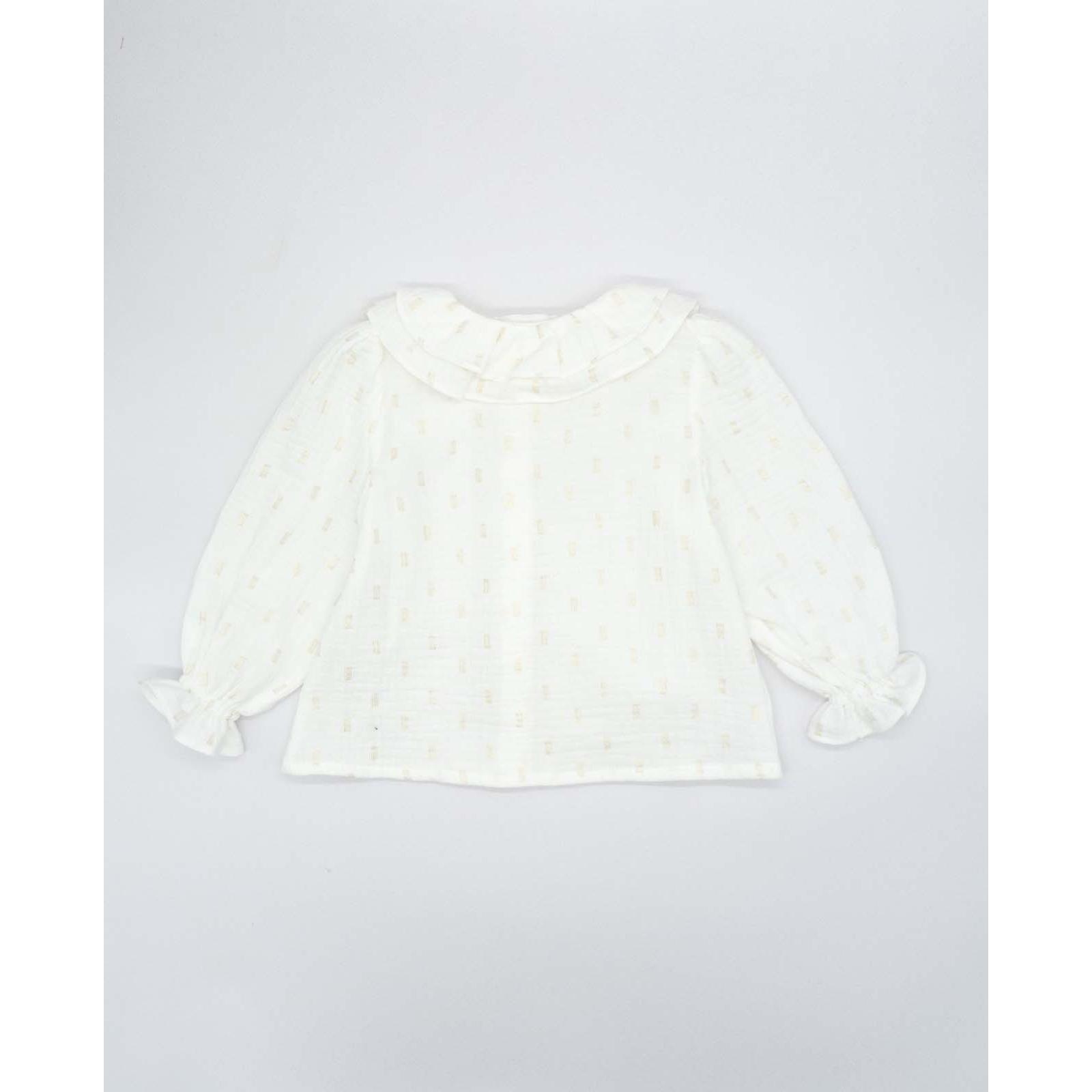 Blusa con doble cuello y manga con volumen en dorado y blanco