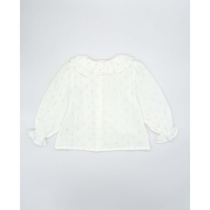 Blusa con doble cuello y manga con volumen en dorado y blanco