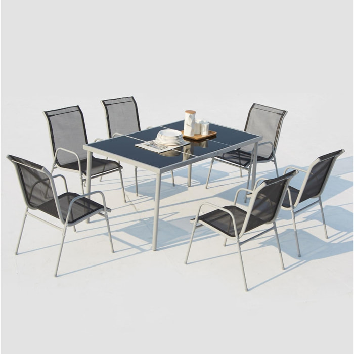 Table de jardin et 6 chaises en acier et textilène gris ATIMA