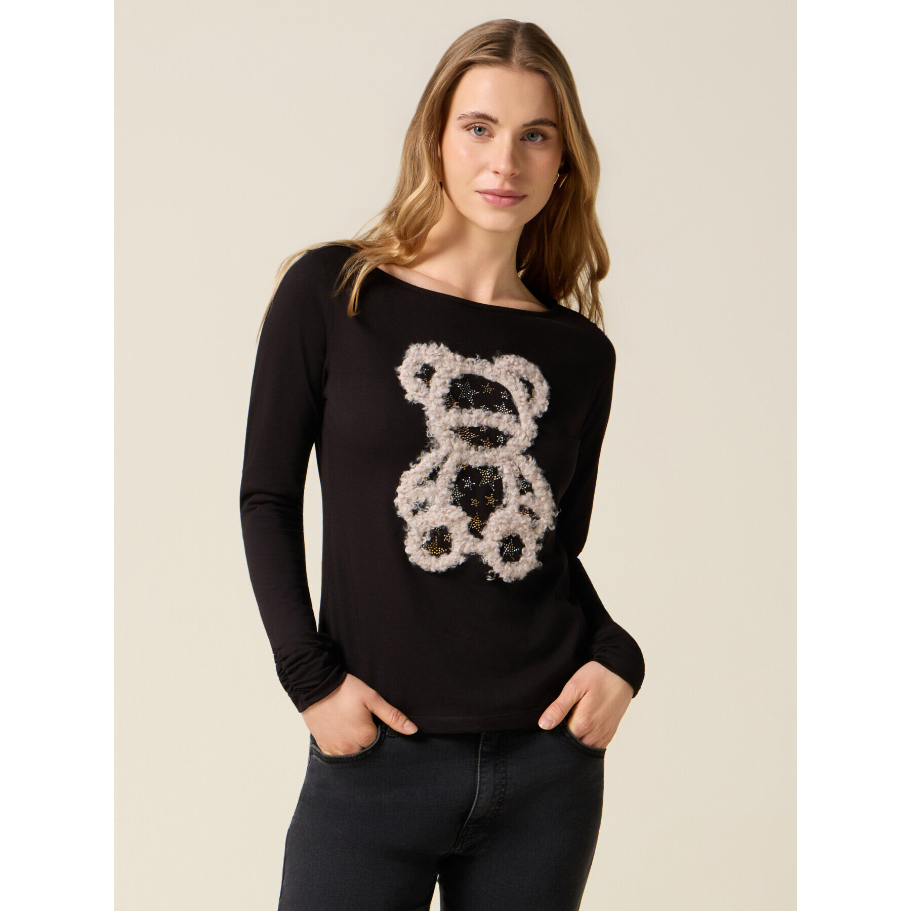 Oltre - T-shirt jersey con stampa e applicazioni - Nero