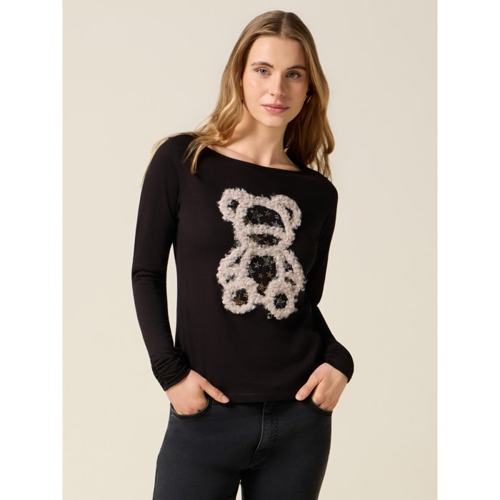 Oltre - T-shirt jersey con stampa e applicazioni - Nero