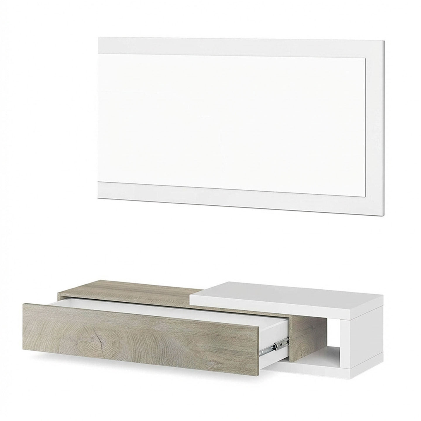 Mobile Maiorca Mobiletto da Ingresso Sospeso con Cassetto Mensola e Specchio Arredo Arredamento Sala 95 x 19 x 26 cm Bianco e Rovere Alaska