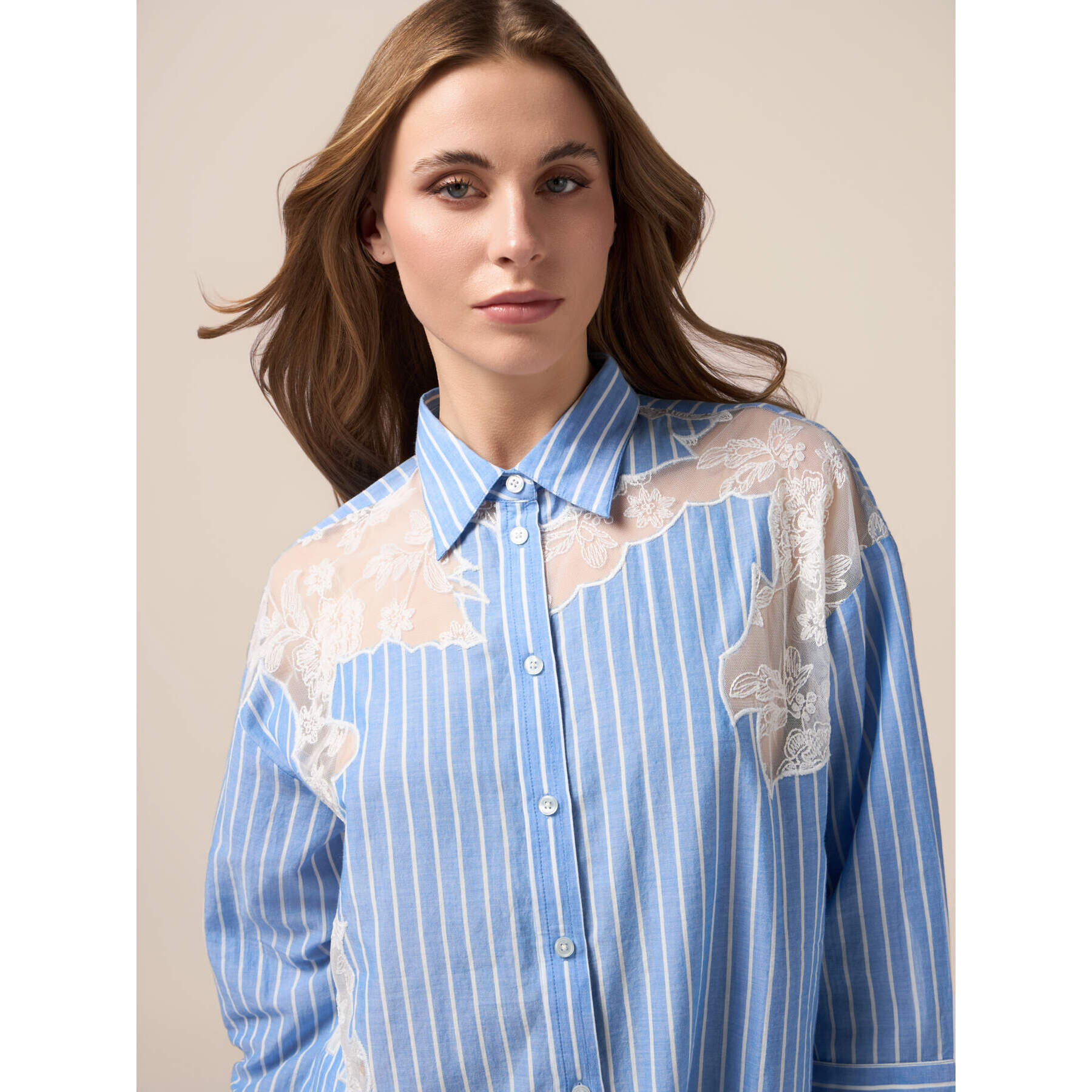 Oltre - Camisa oversize a rayas con encaje - Light - blue