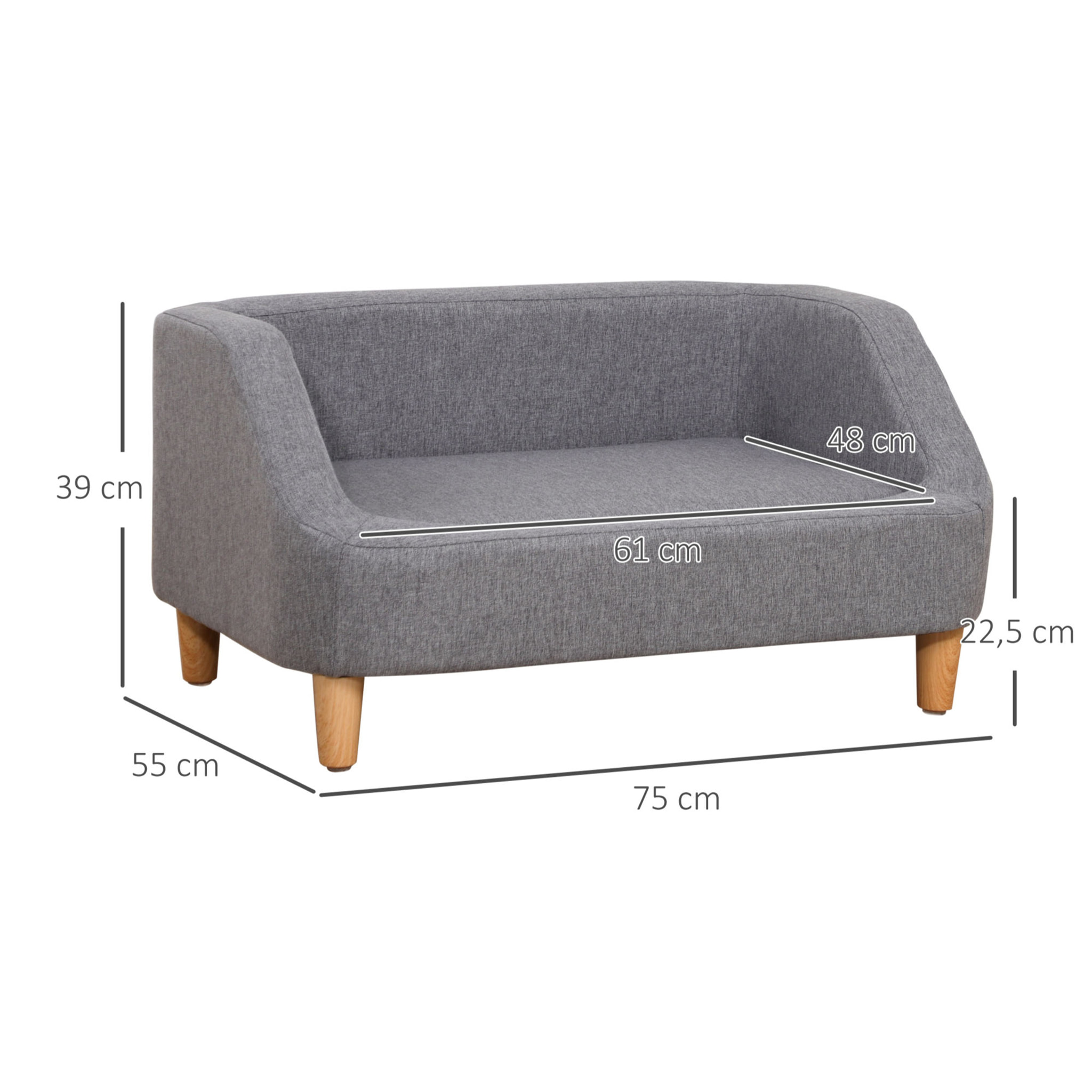 Canapé chien lit pour chien design scandinave déhoussable dim. 75L x 55l x 39H cm pieds bois tissu polyester gris