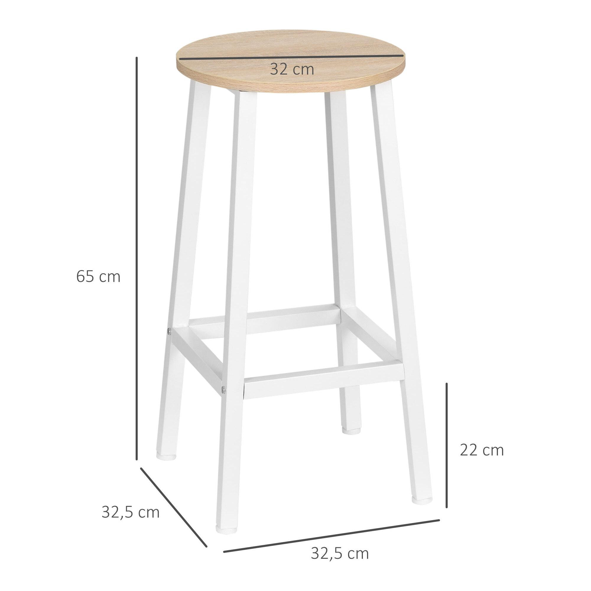 HOMCOM Juego de 2 Taburetes Altos de Cocina Taburetes de Bar con Patas de Acero y Reposapiés para Salón Comedor Bar Carga 75 kg 32,5x32,5x65 cm Natural y Blanco