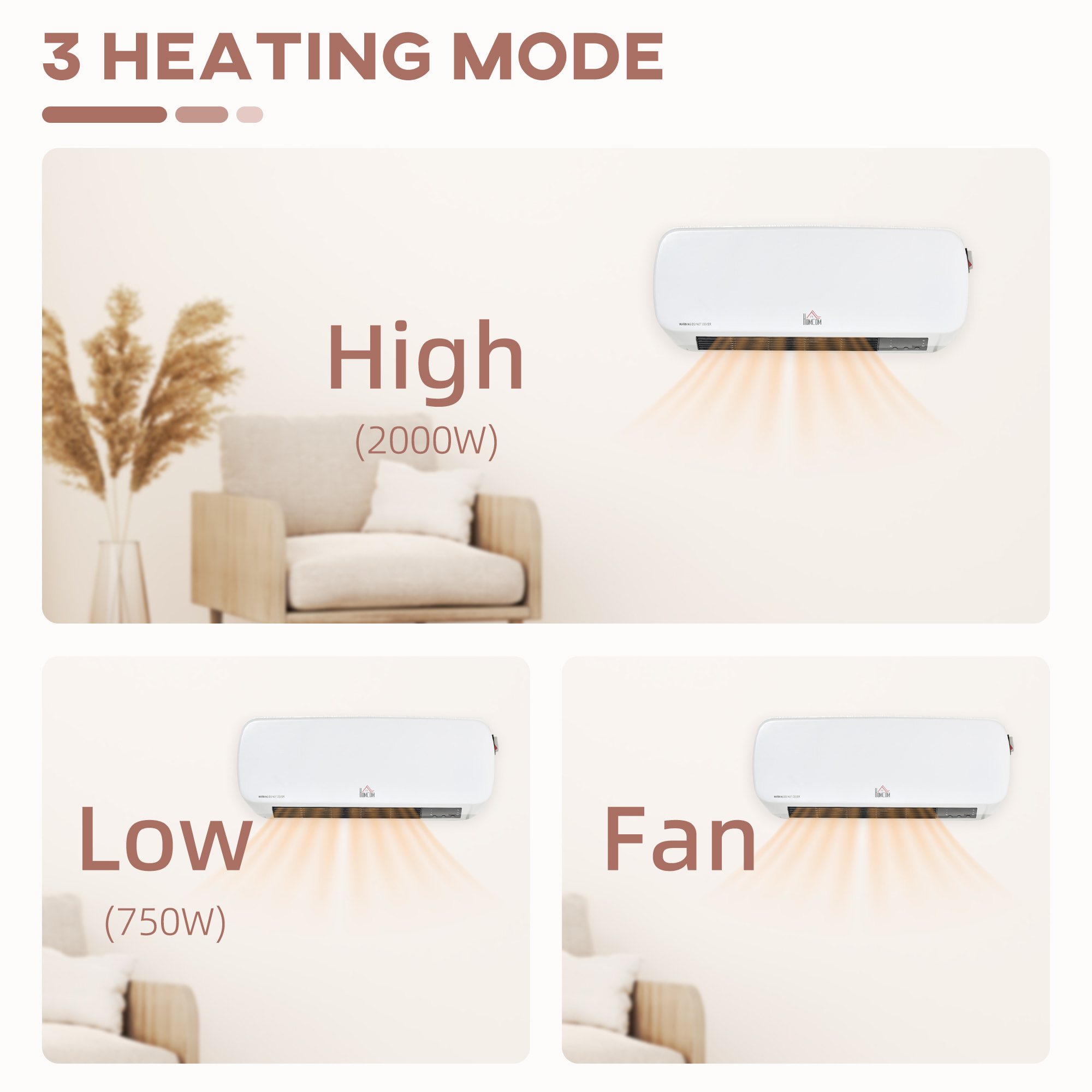 Radiateur mural soufflant 2000 W - chauffage céramique PTC - 3 niveaux de puissance - télécommande incluse blanc noir