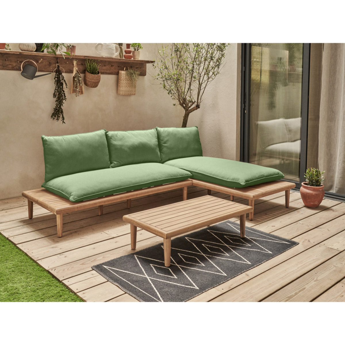 Papeete - salon bas de jardin avec coussins vert - 4 places + table - en bois d'acacia FSC  100% - Vert / Beige