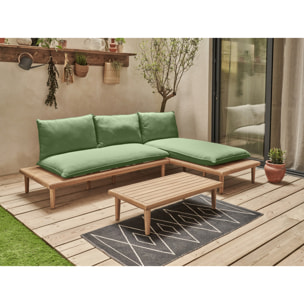 Papeete - salon bas de jardin avec coussins vert - 4 places + table - en bois d'acacia FSC  100% - Vert / Beige
