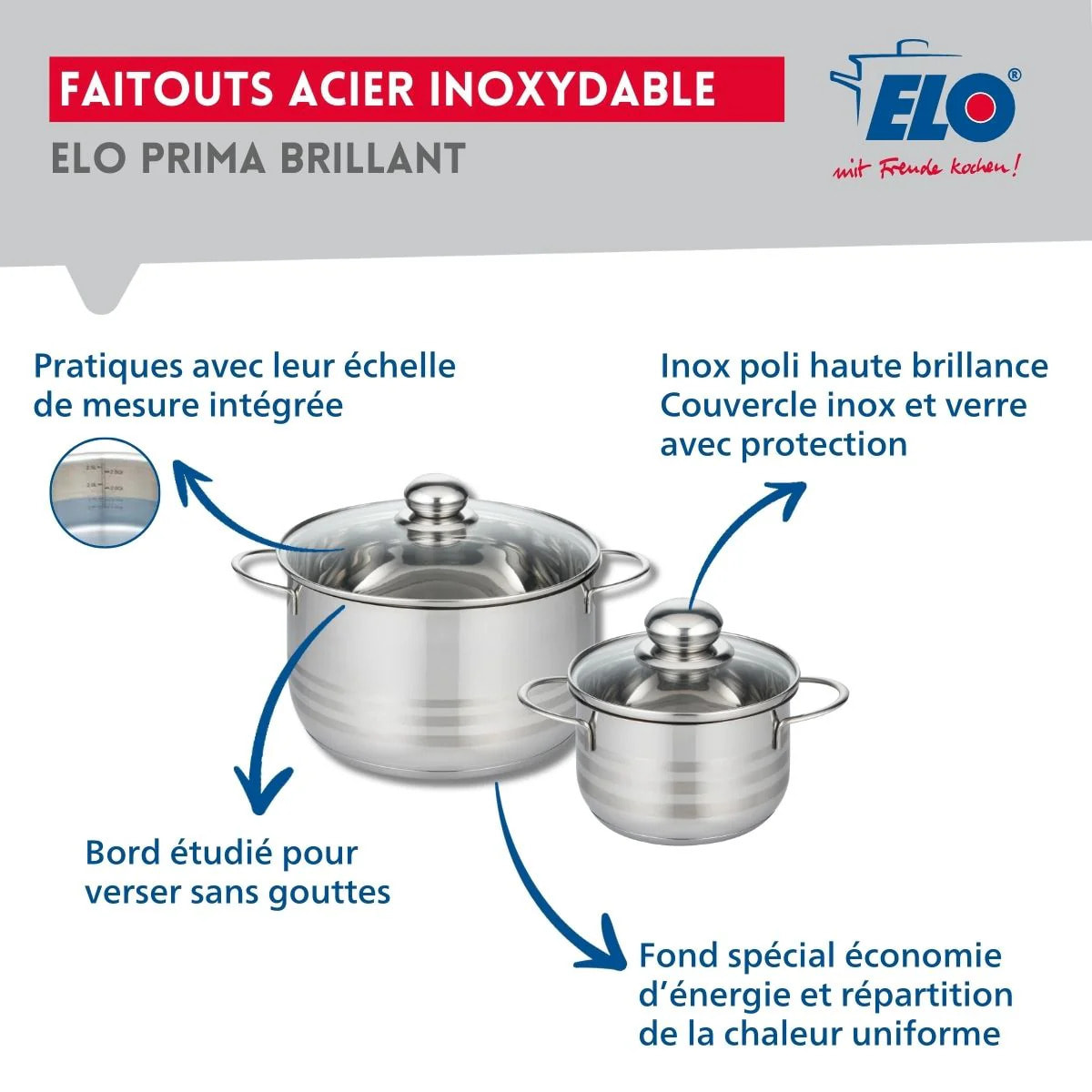 Ensemble de 3 Poêles de cuisson 20, 24 et 32 cm et 2 faitouts 16 et 24 cm Elo Prima Brillant