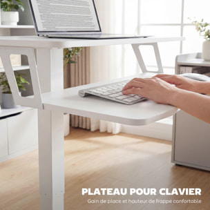 Bureau assis-debout mobile réglable table de lit 2 en 1 acier MDF blanc