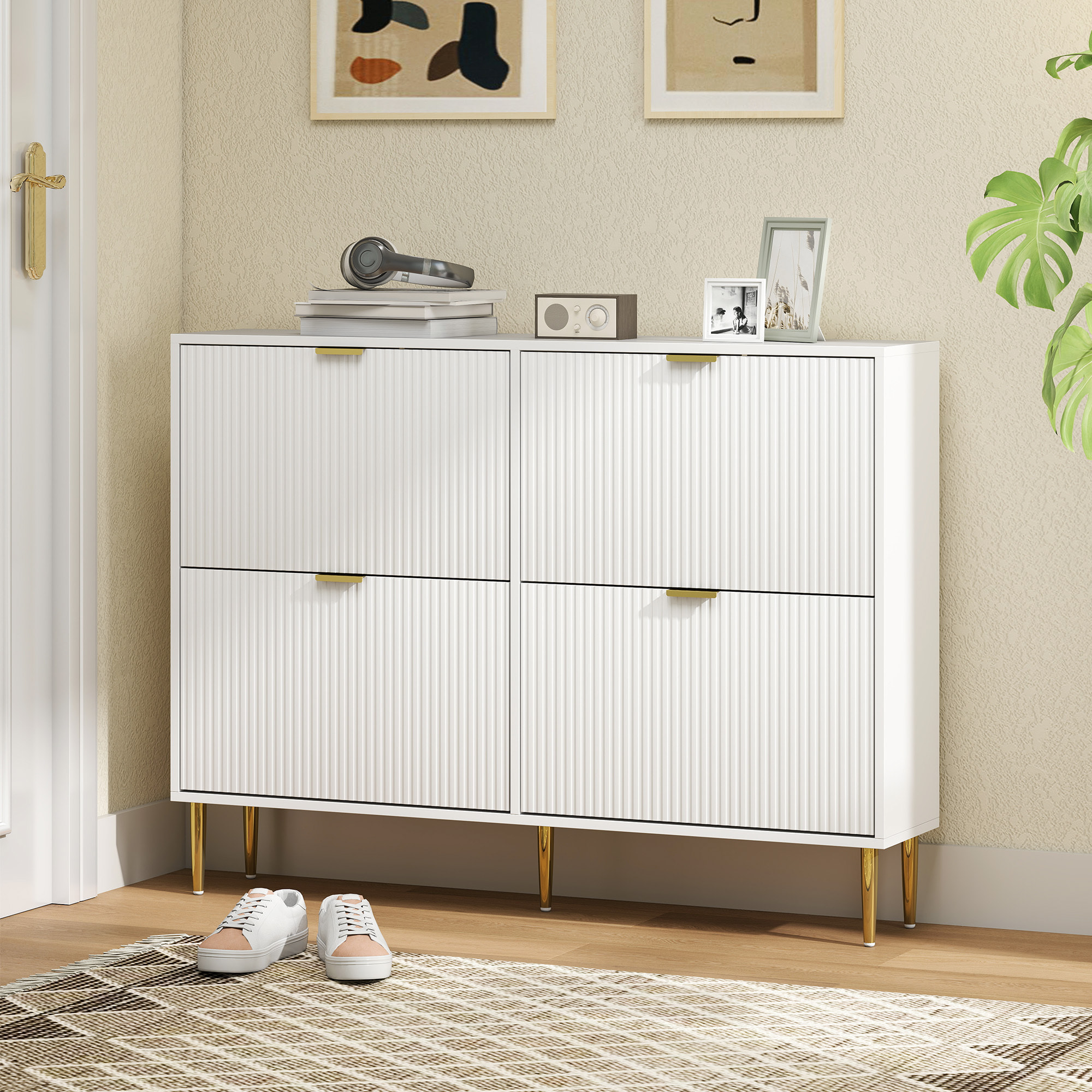 Meuble à chaussures style Art déco 4 portes piètement poignées métal doré 105 x 24 x 91 cm blanc