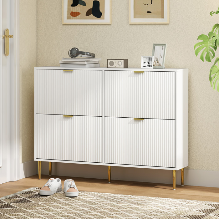 Meuble à chaussures style Art déco 4 portes piètement poignées métal doré 105 x 24 x 91 cm blanc