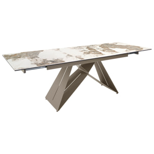 Mesa comedor extensible rectangular con tapa de mármol porcelánico blanco con vetas en tonos tierra en acabado brillo 180x90x76cm