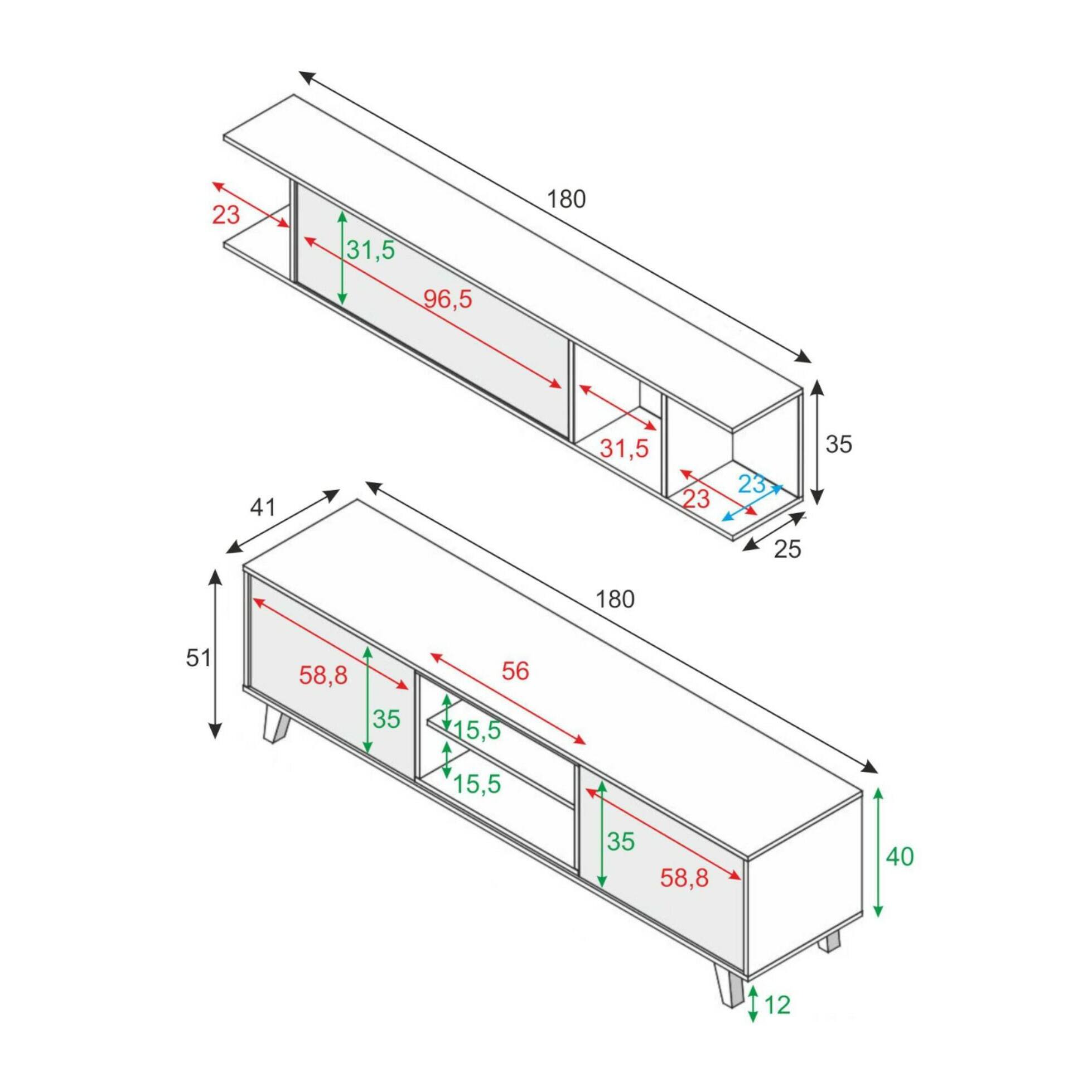 Parete attrezzata Buffalo, Mobile da soggiorno porta TV, Composizione per salotto con pensile, cm 180x41h51, Bianco e Rovere