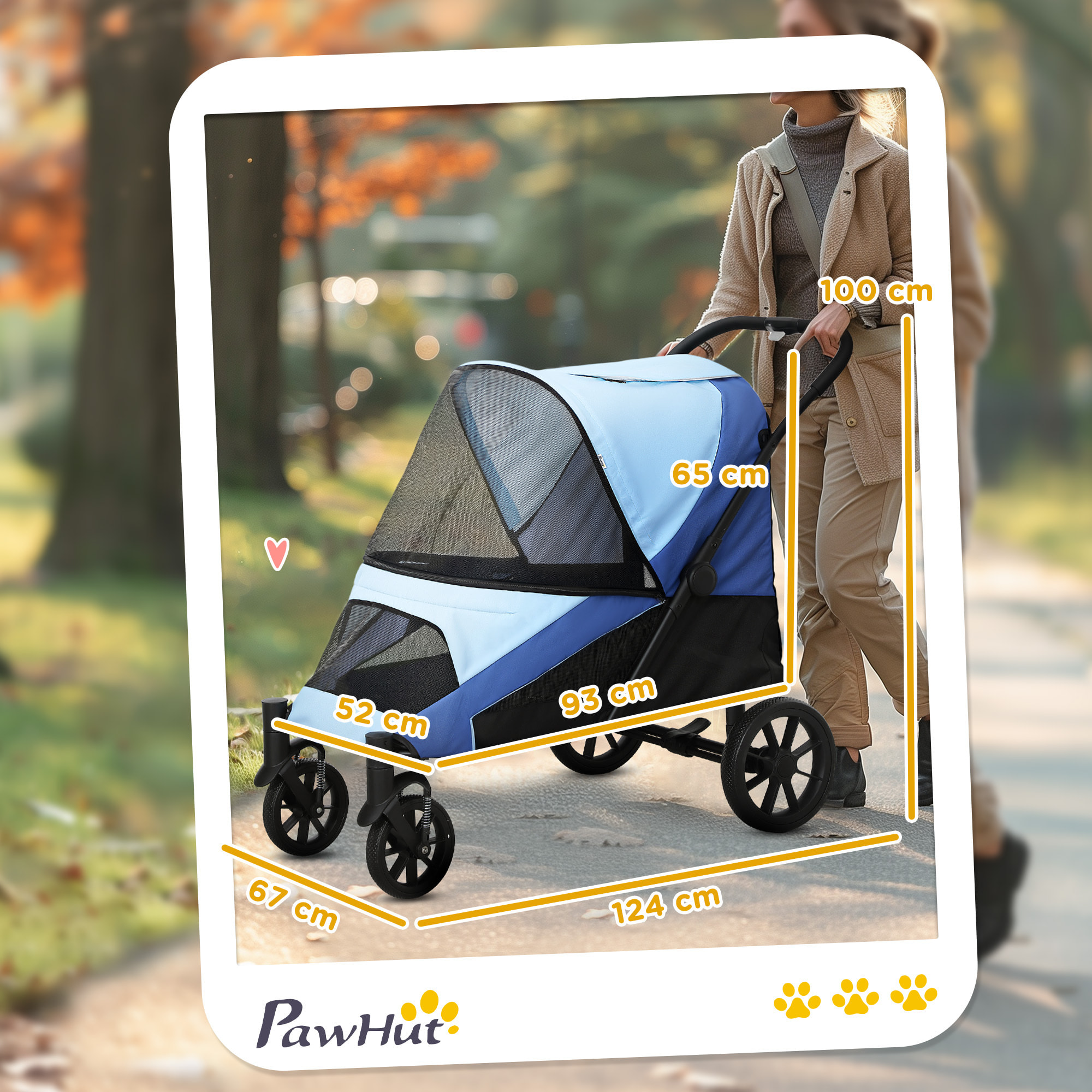 Carrito para Perros Plegable Cochecito para Perros Grandes hasta 30 kg con Ruedas Grandes Correas de Seguridad Marco Amortiguador Cojín Lavable 124x67x100 cm Azul