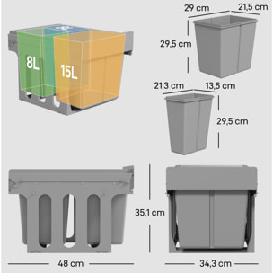Cubo de Basura bajo Fregadero, Cubos de Basura con 3 Contenedores de Reciclaje Extraíbles, Capacidad Total 31L (15L+8Lx2), Fijación Inferior, para Reciclaje y Residuos, Gris Claro