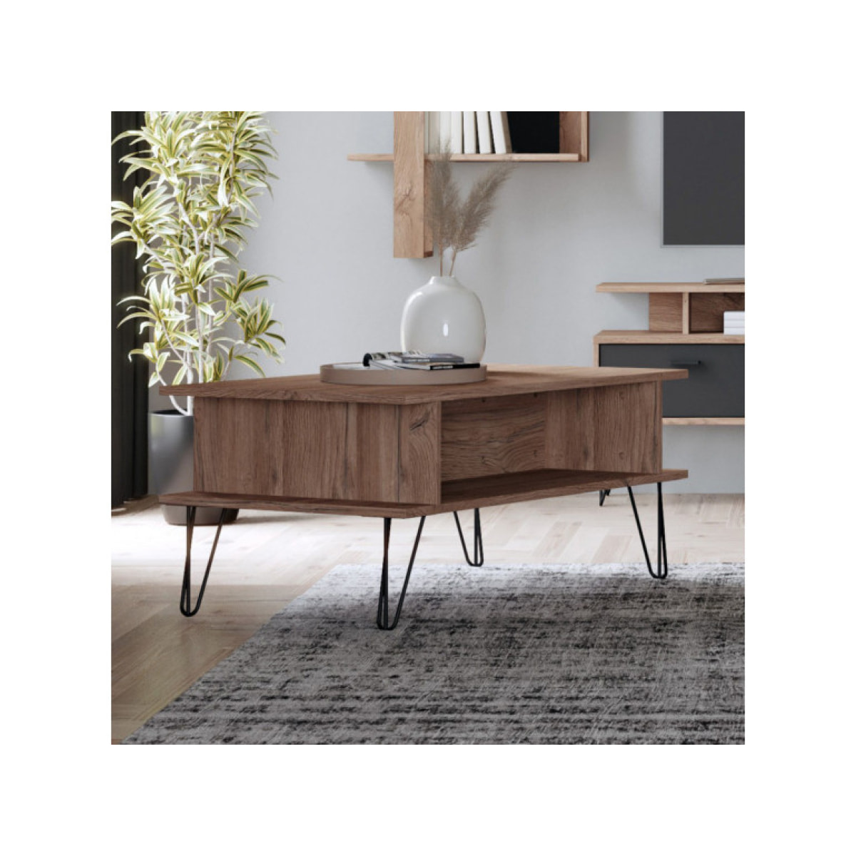 Table basse rectangulaire L. 100 cm décor chêne & métal noir - NEIVE