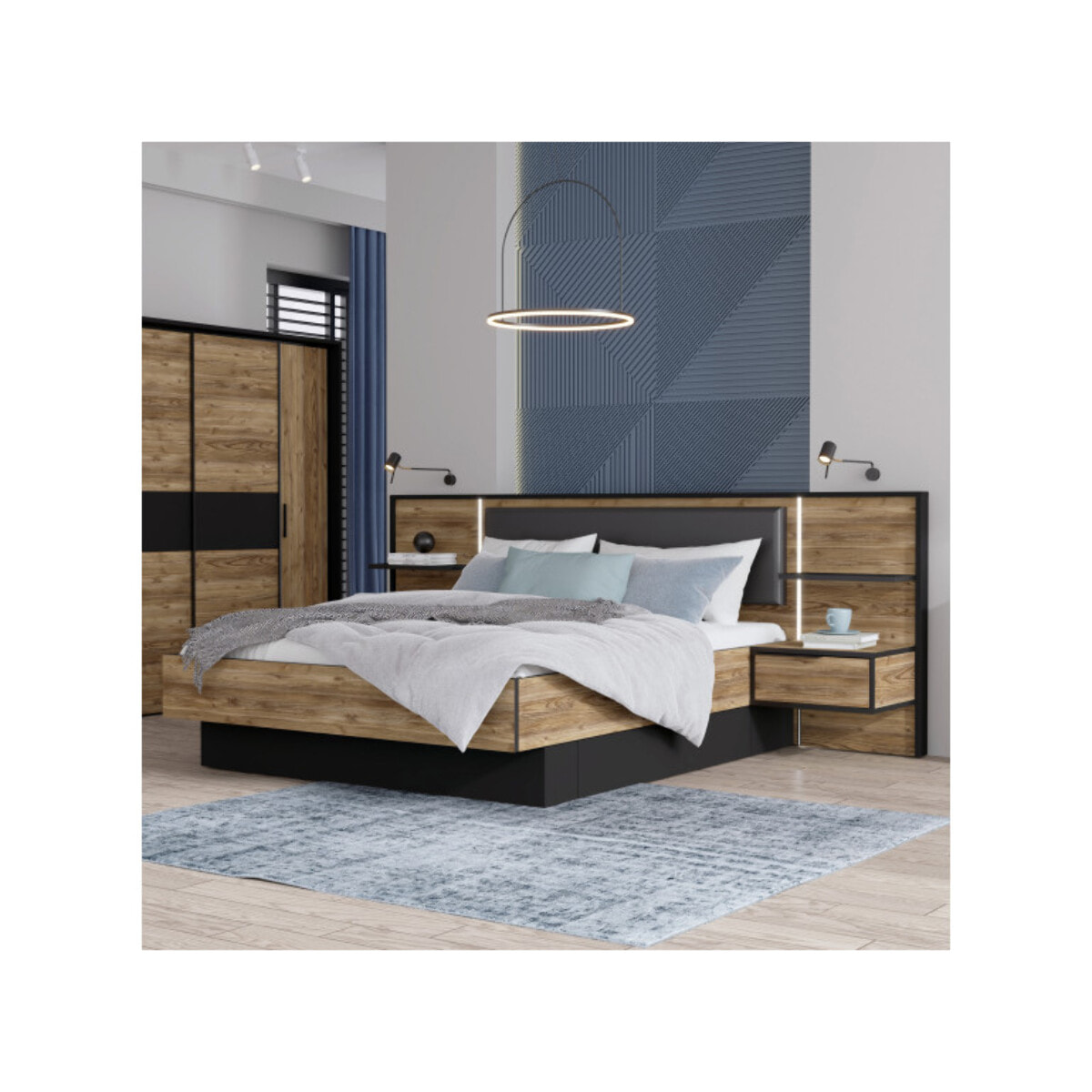 Lit 160x200 cm tête de lit et chevet décor épicéa et noir - YAL