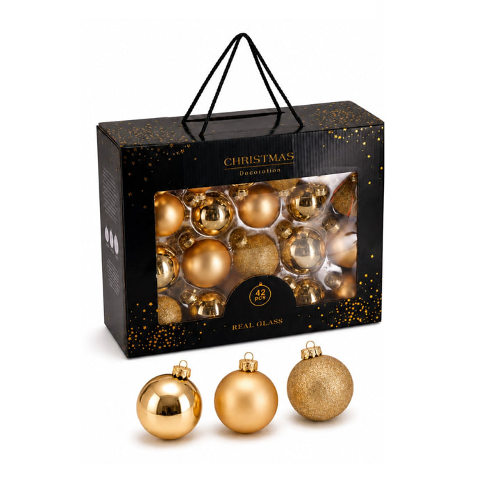 Set de 42 bolas de navidad de cristal color oro, en varios tamaños y acabados