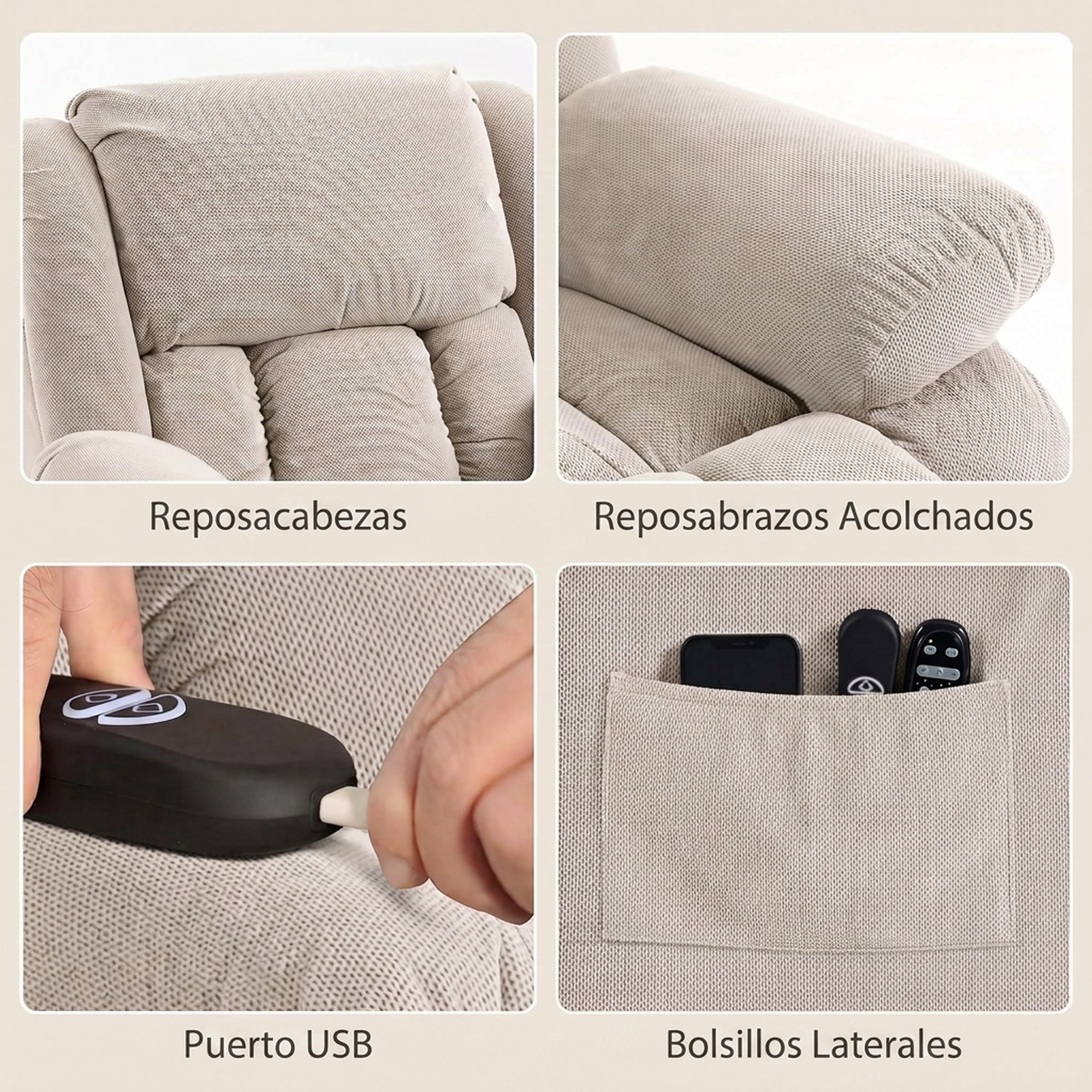 HOMCOM Sillón Relax Reclinable Eléctrico Levanta Personas Mayores con 8 Puntos Masaje Vibratorio y Calor, Sillón Elevador, Asiento Ancho, Puerto USB, Bolsillos, Reposapiés, de Terciopelo, Beige