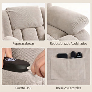 HOMCOM Sillón Relax Reclinable Eléctrico Levanta Personas Mayores con 8 Puntos Masaje Vibratorio y Calor, Sillón Elevador, Asiento Ancho, Puerto USB, Bolsillos, Reposapiés, de Terciopelo, Beige