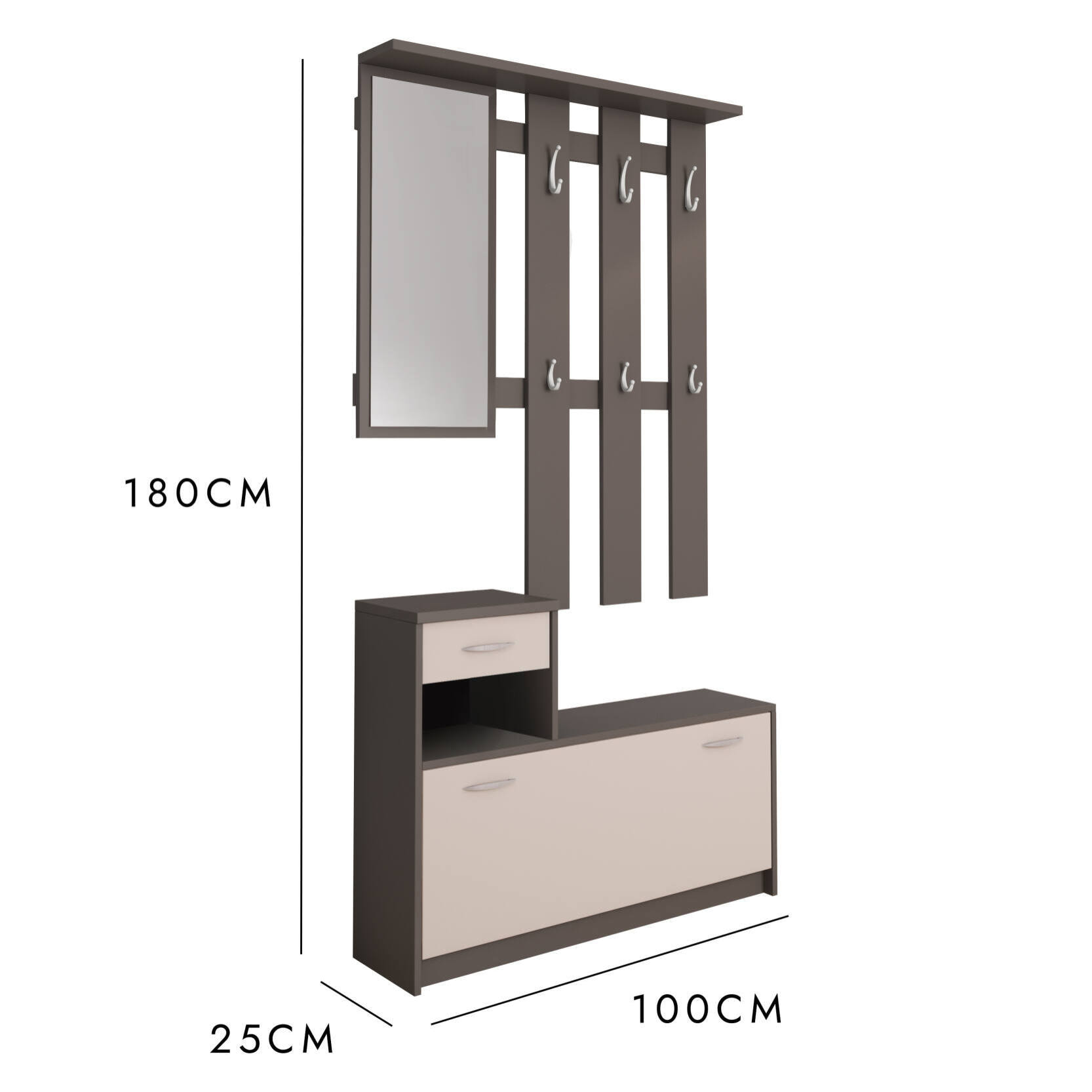 Mobile da ingresso Clint, Entratina moderna con specchio, Mobile con scarpiera, Armadietto multifunzione, 100x25h180 cm, Bianco e Antracite