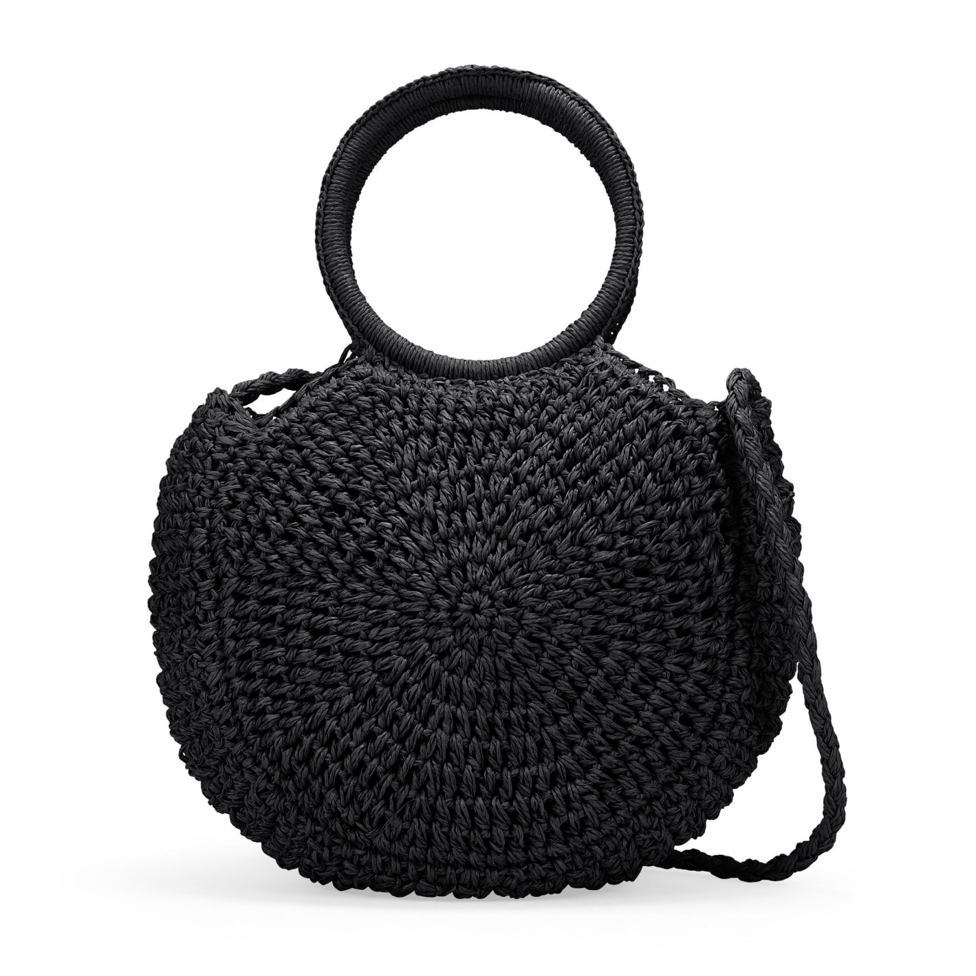 Bolso de mano media luna negro en rafia