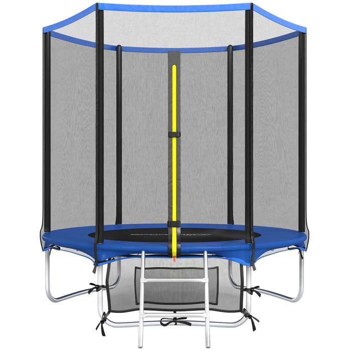 Cama Elástica Niños Exterior Ø183 cm, Trampolín para Niños de +6 Años con Red de Seguridad, Escalera de 2 Peldaños, Cubierta de Muelles, Bolsa de Almacenamiento, Carga 80 kg, Azul