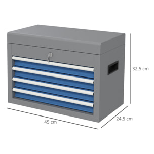 DURHAND Caja de Herramientas Metálica Maletín de Herramientas con 4 Cajones Bandeja Superior Cerradura y Asas Laterales Carga 20 kg 45x24,5x32,5 cm Gris y Azul