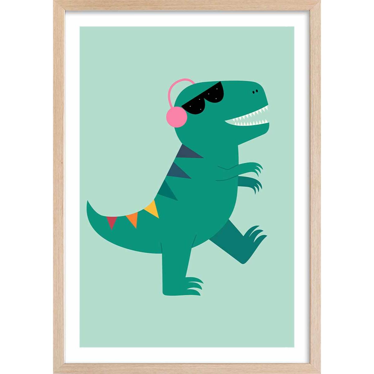 Affiche enfant dino music  Affiche + cadre en bois - Chêne