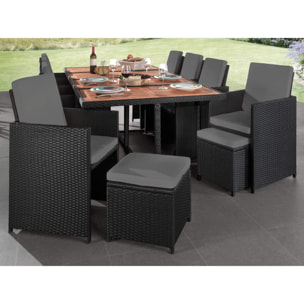 Cuba - Salon de jardin encastrable 12 places - en résine tressée - Noir avec coussins gris + housse de protection - Noir / Gris