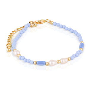 Bracciale in cristalli blu e perle naturali con chiusura a moschettone.