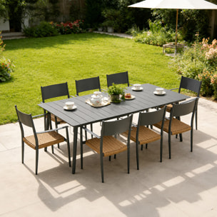 Ensemble table de jardin 200 cm et 8 fauteuils gris foncé effet rotin BRADDON