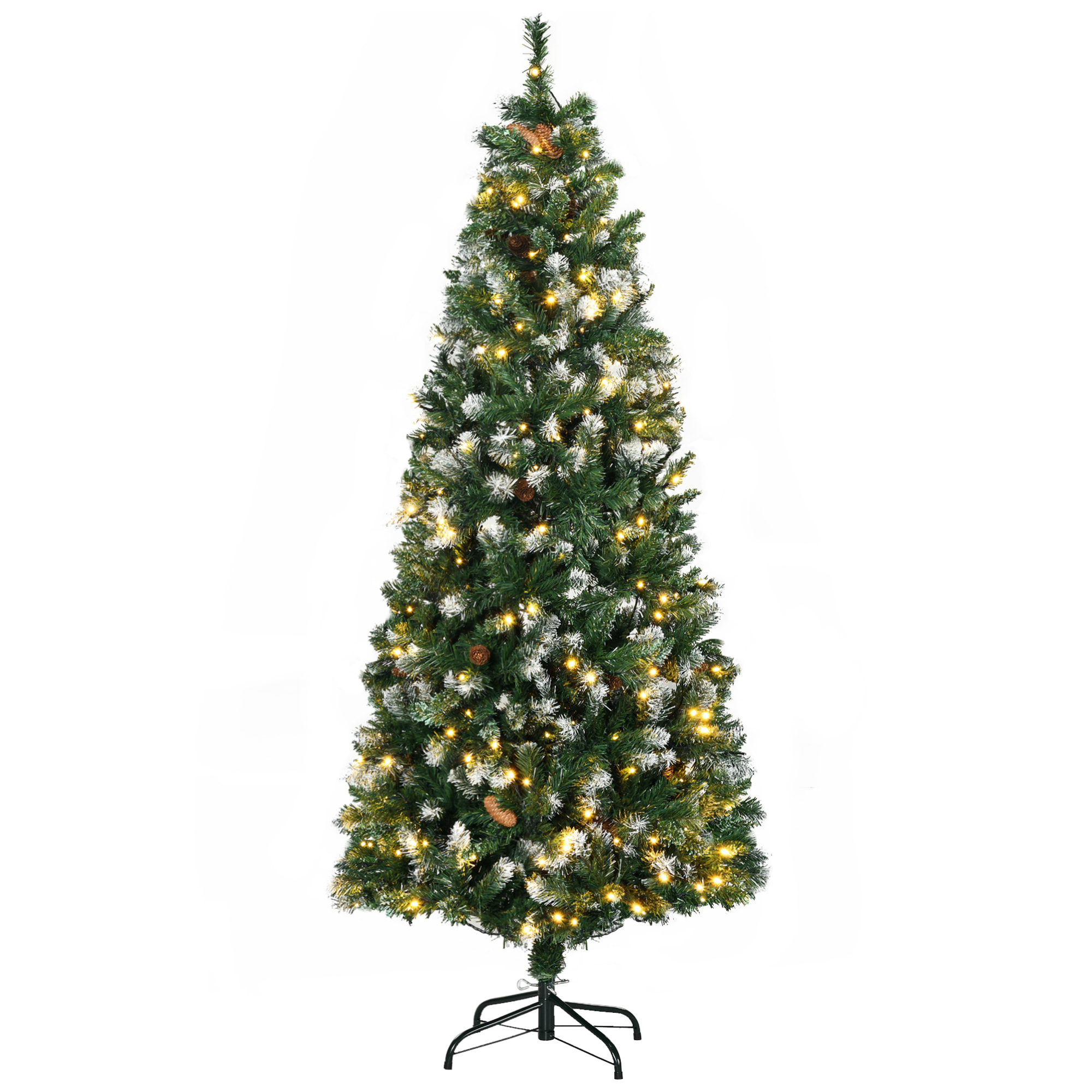 Sapin de Noël artificiel lumineux LED x 250 blanc chaud 30 pommes de pin H. 180 cm 703 branches vert effet neige