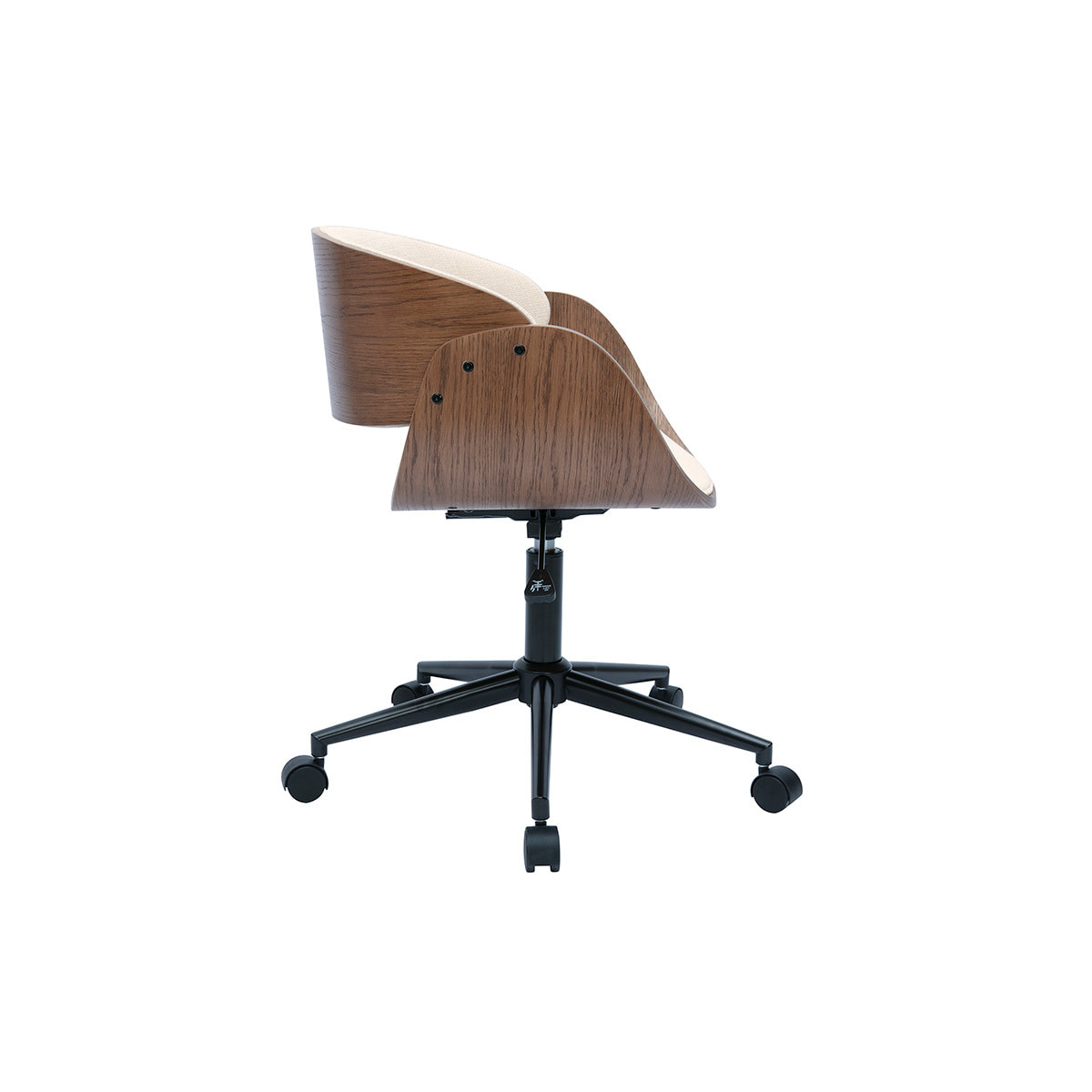 Chaise de bureau à roulettes design en bois foncé et tissu effet velours texturé beige BENT