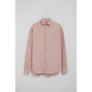 Camicia rosa taupe in lino tinta in capo con monogramma ricamato