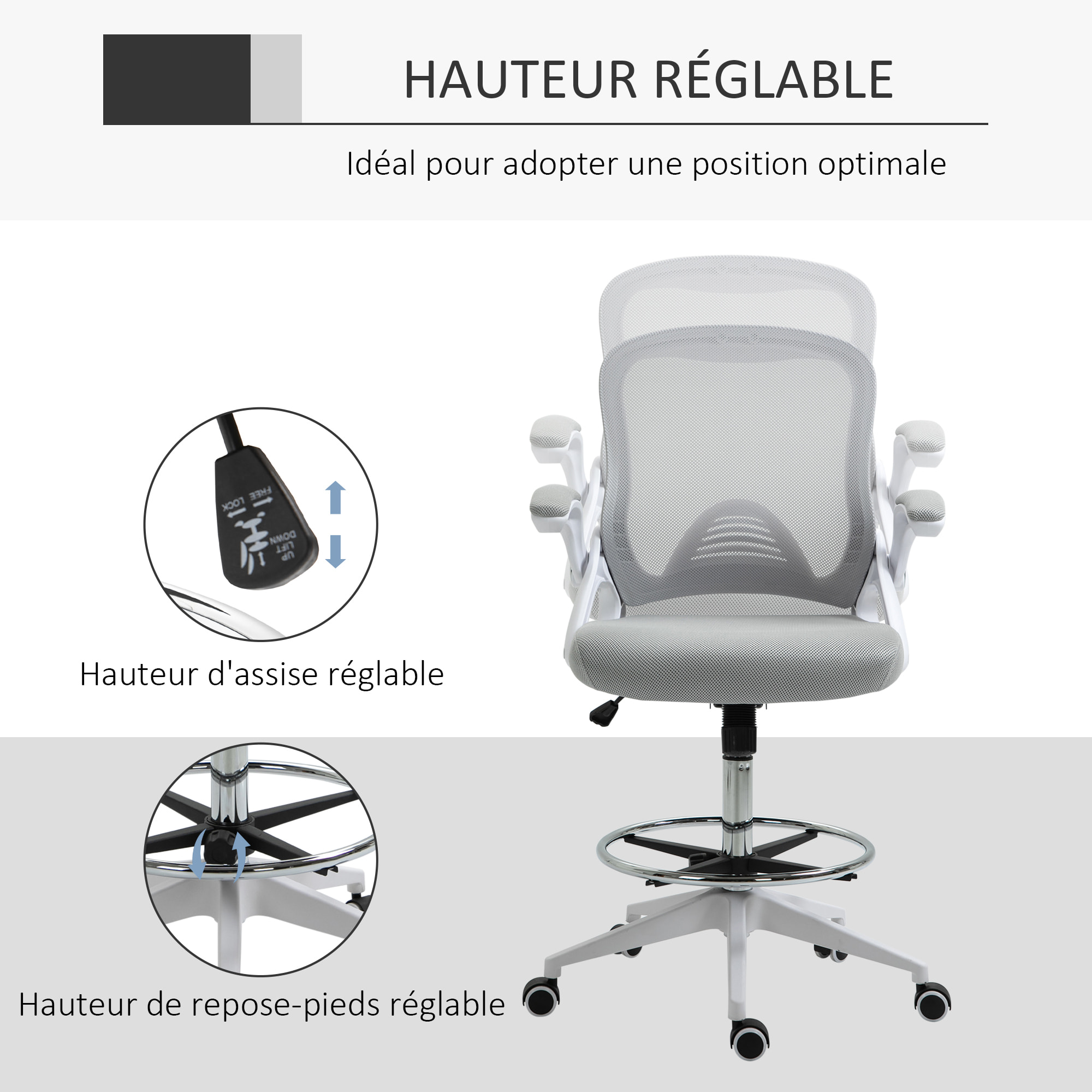 Fauteuil de bureau chaise de bureau assise haute réglable dim. 64L x 60l x 106-126H cm pivotant 360° maille respirante gris