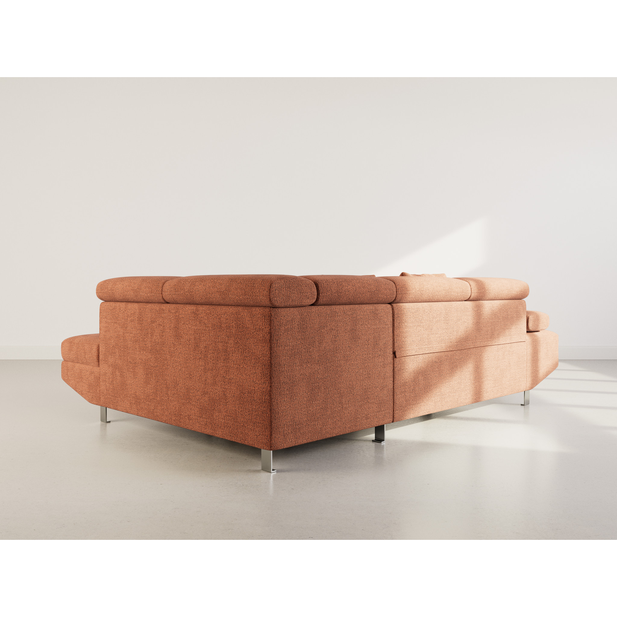 Margaux - Canapé d'angle droit 5 places convertible avec coffre et têtières réglables en velours texturé - Terracotta